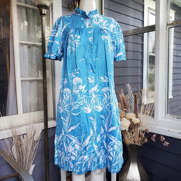 Vintage Ruffle Puff Shoulders Snap Front Pleated 2 Pockets Floral Mumu Dress - Picture 2 of 10